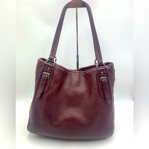 Auth Prada Burgundy Plum Cervo Shine Leather Double Zipper Shoulder Bag Preloved - Picture 13 of 16